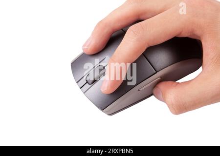 Man clicking the left mouse button on a generic modern wireless PC mouse, object closeup, isolated on white background, cut out, detail. Left click co Stock Photo