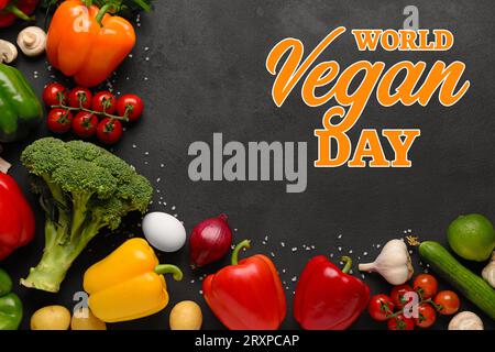 Greeting card for World Vegan Day with many vegetables Stock Photo