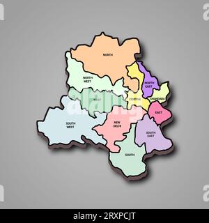 3d map of Delhi is a state of India and his colourful districts and name Stock Photo