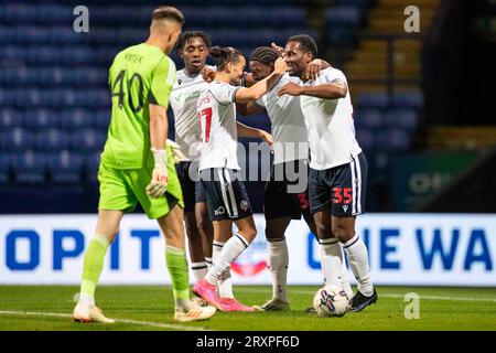 Nelson Khumbeni #38 of Bolton Wanderers celebrates his goal during the ...