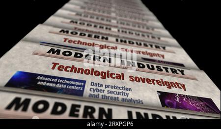 Technological sovereignty technology data and information independence vintage news and newspaper printing. Abstract concept retro headlines 3d illust Stock Photo