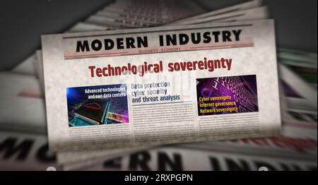 Technological sovereignty technology data and information independence vintage news and newspaper printing. Abstract concept retro headlines 3d illust Stock Photo