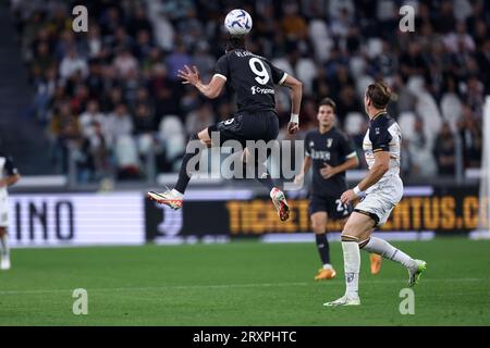 Torino, Italy. 26th Sep, 2023. Dusan Vlahovic of Juventus Fc controls the ball during the Serie A match beetween Juventus Fc and Us Lecce at Allianz Stadium on September 26, 2023 in Turin, Italy . Credit: Marco Canoniero/Alamy Live News Stock Photo