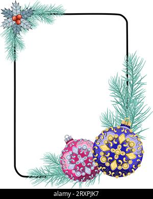 Winter holiday frame with Christmas ornament balls and branches. Vector illustration Stock Vector