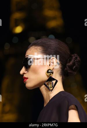 Paris, France. 26th Sep, 2023. A model takes to the catwalk during Saint Laurent's show as part of the Spring-Summer 2024 25 Fashion Week presentations in Paris on Tuesday, September 26, 2023. Photo by Maya Vidon-White/UPI Credit: UPI/Alamy Live News Stock Photo