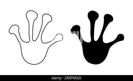 Frog or toad paw footprint. Silhouette, contour. Icon. Black vector isolated on white. Paw print of amphibian, frog, toad, lizard, salamander, newt. Icon and symbol. Print, textile postcard booklet Stock Vector