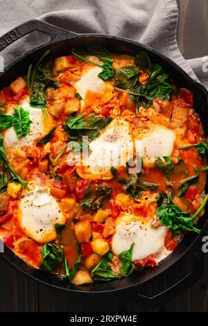 Ratatouille Brunch Skillet with Eggs and Spinach: Eggplant, zucchini, bell pepper, and tomato stew in a cast iron skillet Stock Photo