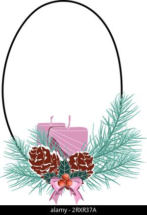 Christmas frame with fir branches, candles, and pine cones. Vector ...