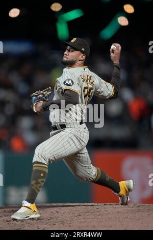 San Diego Padres' Robert Suarez gestures to the sky as he walks to the  dugout in the eighth inning of a baseball game against the Texas Rangers  Sunday, July 30, 2023, in