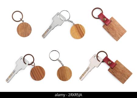 Set with keys and key chains isolated on white Stock Photo