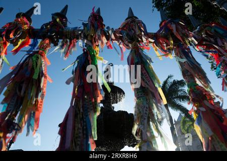 Salvador, Bahia, Brazil - September 02, 2023: Close-up photo of souvenir ribbons tied to an iron railing in Largo Terreiro de Jesus, Pelourinho, histo Stock Photo