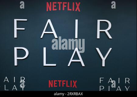 New York, USA. 26th Sep, 2023. Backdrop for Netflix's 'Fair Play' New York screening at The Metrograph, New York, NY, September 26, 2023, (Photo by Anthony Behar/Sipa USA) Credit: Sipa USA/Alamy Live News Stock Photo