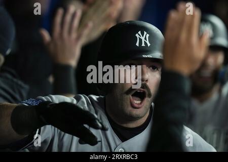 New York Yankees's Giancarlo Stanton is tagged out by Toronto Blue Jays  catcher Alejandro Kirk during the seventh inning of a baseball game  Tuesday, Sept. 26, 2023, in Toronto. (Chris Young/The Canadian