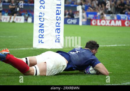 France's Charles Ollivon scores a try during the 2023 Rugby World Cup Pool A match between France and Namibia at the Stade Velodrome in Marseille, France on September 21, 2023. Credit: FAR EAST PRESS/AFLO/Alamy Live News Stock Photo