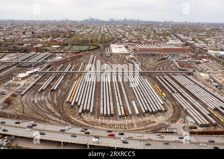 Aerial view of the Coney Island train yard and subway cars in Brooklyn, New York. Stock Photo