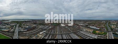 Aerial view of the Coney Island train yard and subway cars in Brooklyn, New York. Stock Photo