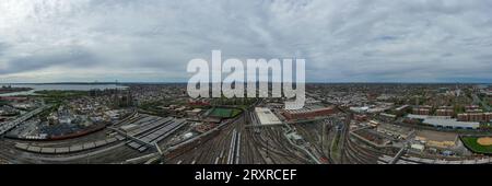 Aerial view of the Coney Island train yard and subway cars in Brooklyn, New York. Stock Photo