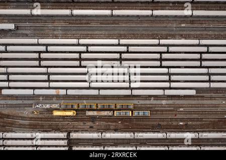 Aerial view of the Coney Island train yard and subway cars in Brooklyn, New York. Stock Photo