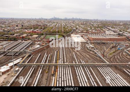 Aerial view of the Coney Island train yard and subway cars in Brooklyn, New York. Stock Photo