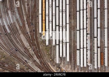 Aerial view of the Coney Island train yard and subway cars in Brooklyn, New York. Stock Photo