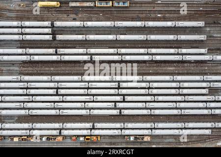 Aerial view of the Coney Island train yard and subway cars in Brooklyn, New York. Stock Photo