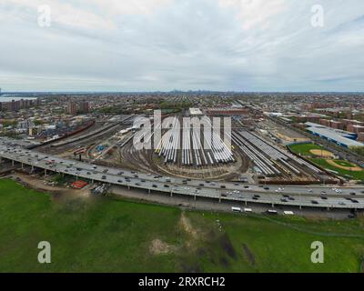 Aerial view of the Coney Island train yard and subway cars in Brooklyn, New York. Stock Photo