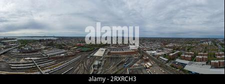 Aerial view of the Coney Island train yard and subway cars in Brooklyn, New York. Stock Photo