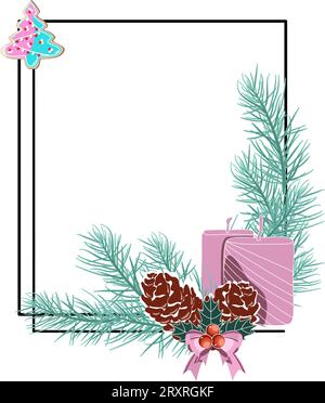 Christmas frame with fir branches, candles, and pine cones. Vector illustration. Stock Vector