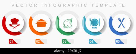Food icon set, miscellaneous icons such as chef hat, pot, onion, menu and cutlery, flat design vector infographic template, web buttons in 5 color opt Stock Vector
