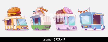 Street food truck illustration for festival vector. Van vendor isolated icon set with burger, donut, coffee and snack. Tent car cafe merchant for commercial fastfood industry. Asian kitchen stand Stock Vector
