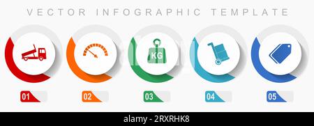 Transport icon set, miscellaneous icons such as truck, speedmeter, kg, barrow and ticket, flat design vector infographic template, web buttons in 5 co Stock Vector