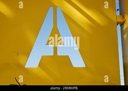 Old worn letter A, showing its age, pattern, lines and boldly grabbing attention.  Be noticed with this single letter, Stock Photo