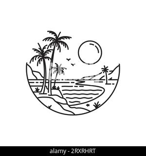 beach with palm trees on tropical island monoline design. vector illustration Stock Vector