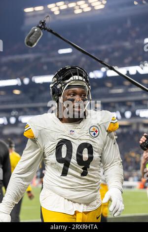 Pittsburgh Steelers defensive tackle Larry Ogunjobi (99) walks off of the  field at half time during an NFL football game against the Cleveland  Browns, Thursday, Sept. 22, 2022, in Cleveland. (AP Photo/Kirk