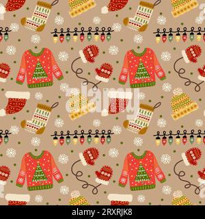 Merry and Bright Christmas Winter Essentials Seamless Pattern Design Stock Photo