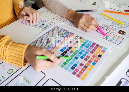 team of UI UX web designer are working together to develop mobile responsive websites with UI UX front end designer previews Stock Photo