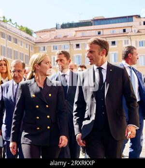 Rome, Italy. 26th Sep, 2023. Italian Prime Minister Giorgia Meloni meets French President Emmanuel Macron at Palazzo Chigi in Rome, Italy on September 26, 2023 against a backdrop of tensions between the two countries over migration. The French leader was in the Italian capital to attend the state funeral of former president Giorgio Napolitano. Photo by (EV) ABACAPRESS.COM Credit: Abaca Press/Alamy Live News Stock Photo