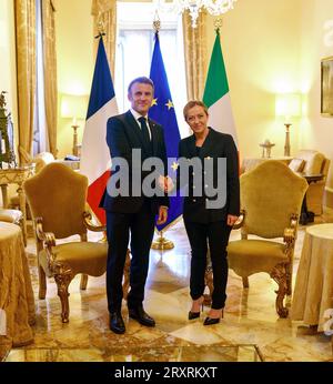 Rome, Italy. 26th Sep, 2023. Italian Prime Minister Giorgia Meloni meets French President Emmanuel Macron at Palazzo Chigi in Rome, Italy on September 26, 2023 against a backdrop of tensions between the two countries over migration. The French leader was in the Italian capital to attend the state funeral of former president Giorgio Napolitano. Photo by (EV) ABACAPRESS.COM Credit: Abaca Press/Alamy Live News Stock Photo