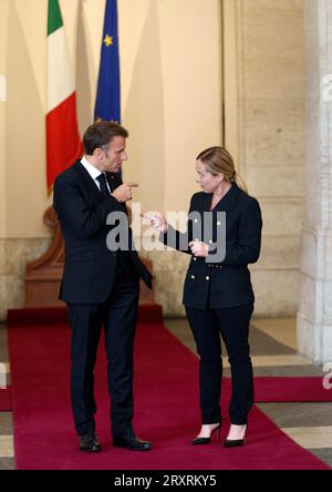 Rome, Italy. 26th Sep, 2023. Italian Prime Minister Giorgia Meloni meets French President Emmanuel Macron at Palazzo Chigi in Rome, Italy on September 26, 2023 against a backdrop of tensions between the two countries over migration. The French leader was in the Italian capital to attend the state funeral of former president Giorgio Napolitano. Photo by (EV) ABACAPRESS.COM Credit: Abaca Press/Alamy Live News Stock Photo