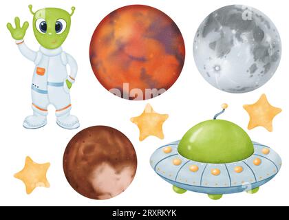 Space set. green cute alien waves its hand. Alien spacecraft. Cartoon UFOs. Moon, Mars, Pluto. Three yellow stars. Watercolor isolated objects Stock Photo