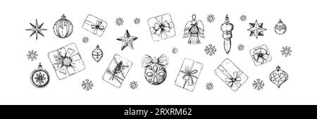 Set of Merry Christmas snd Happy New Year decoration. Christmas tree balls, angel figure, stars and gift boxes in sketch style. Design for greeting ca Stock Vector