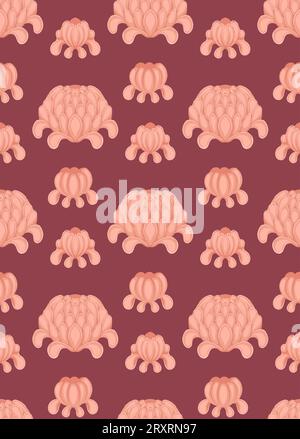 Vector seamless pattern with simple peonies in a row. Texture with stylized pink flowers on a burgundy background for fabrics and wrapping paper Stock Vector