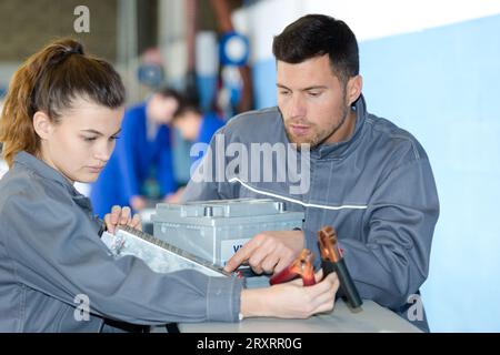 female and male auto mechanic changing a car battery Stock Photo