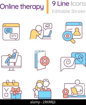 Editable colorful line icon set for online therapy Stock Vector