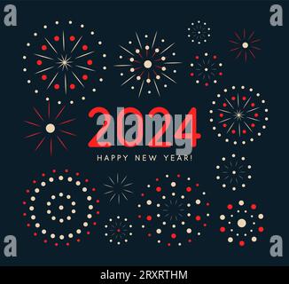 Explosive fireworks and radiant bursts of color with New Year 2024 numbers. Perfect for New Year party invitations and festive banners. Vector Stock Vector