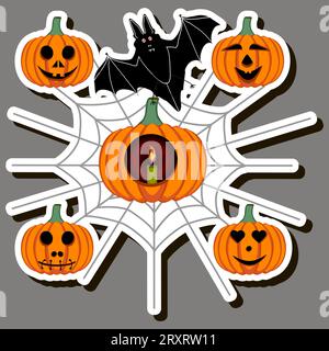 Illustration on theme sticker for celebration fun holiday Halloween with orange pumpkins Stock Vector