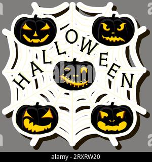 Illustration on theme sticker for celebration fun holiday Halloween with orange pumpkins Stock Vector