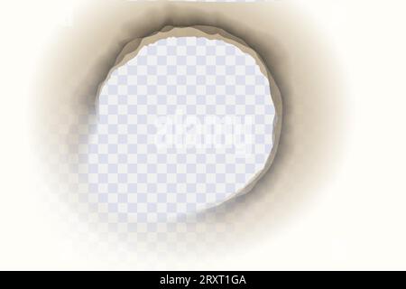 Hole in paper with burnt edges. Burnt paper edges effect with black ash. Borders with texture of scorched old paper pages isolated on transparent back Stock Vector