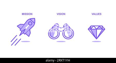 Simple purple flat icon with rocket, binocular and diamond for visualisation of Mission, Vision and Values of company Stock Vector