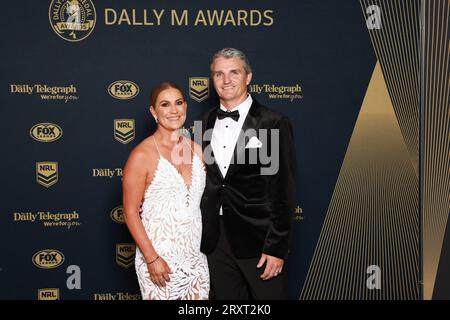 Sydney, Australia, September 27, 2023. Penrith Panthers coach Ivan Cleary and his wife Rebecca pose for a photo during the 2023 Dally M Awards at the Royal Randwick Racecourse in Sydney, Wednesday,